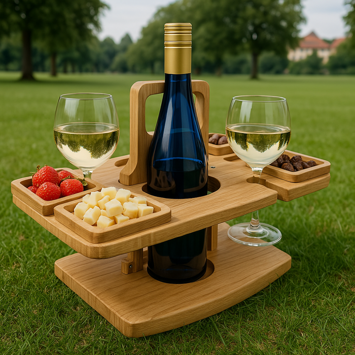 Eleganter Picknicktisch klappbar für einfachen Transport, mit Platz für Flasche und Gläser.
