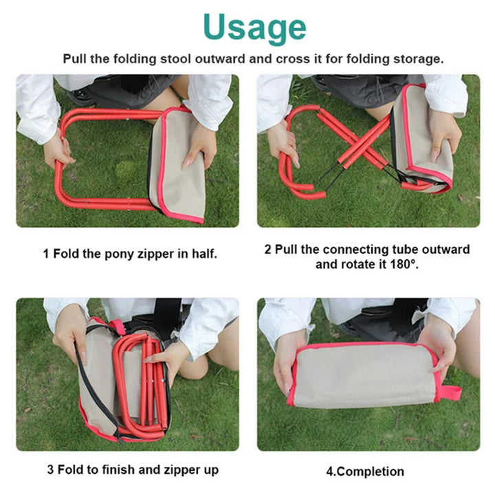 Leichter Klapphocker von wondeea neben Wanderrucksack; der kompakte Reisehocker ist ideal für lange Touren.
