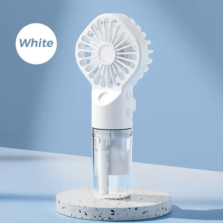 Tragbarer Luftbefeuchter Ventilator mit USB-C für persönliche Kühlung und frische Luft im Büro.