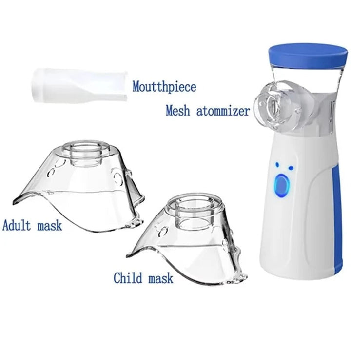 Set: Tragbarer Mesh-Vernebler mit Masken für Kinder & Erwachsene; USB-Inhalator für flexible Atemtherapie bei Asthma.