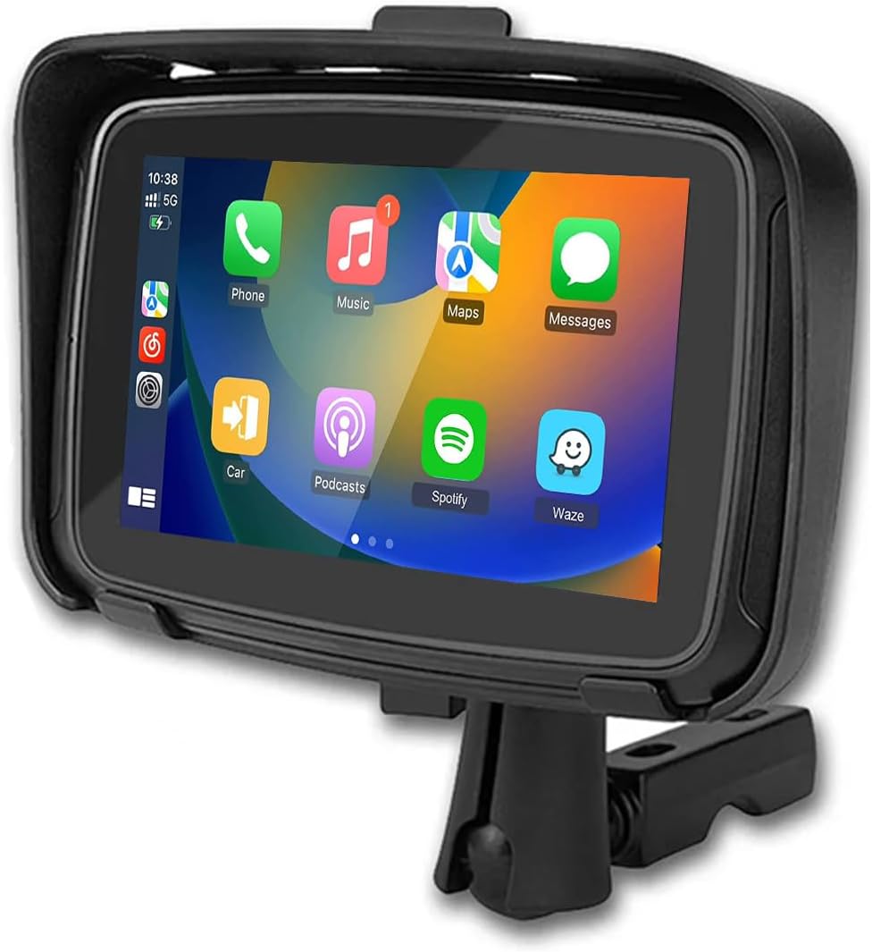 Tragbarer Motorradmonitor (12,7 cm IPS-Bildschirm) mit CarPlay & Android Auto für sichere Navigation.