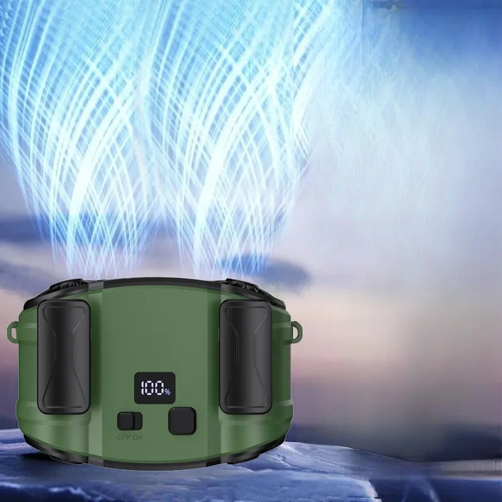 WindMate Ventilator mit doppelten Luftauslässen für effektive Nacken- und Taillenkühlung beim Sport und im Sommer.