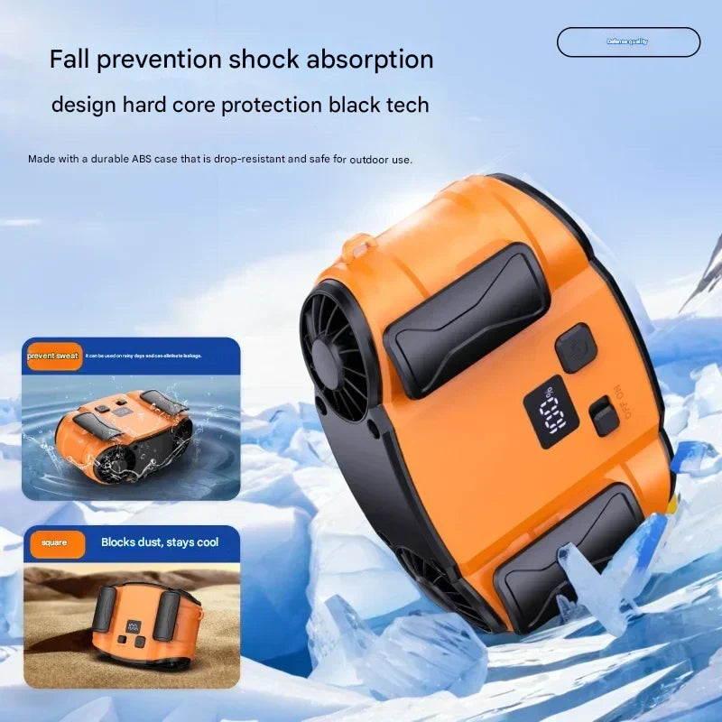 Innovativer Outdoor-Ventilator WindMate, freihändig tragbar am Nacken oder an der Taille für kühlen Komfort unterwegs.