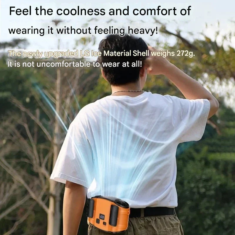 Person trägt WindMate Nacken- & Taillenventilator beim Wandern und genießt angenehme, starke Kühlung im Sommer.