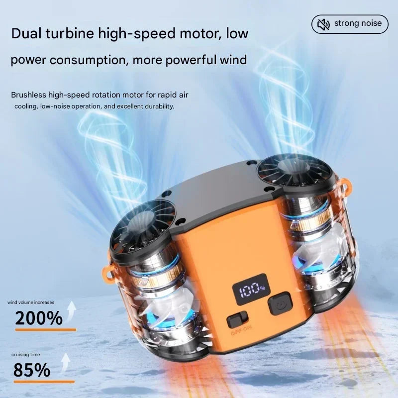 Nahaufnahme des WindMate Doppel-Luftauslass-Ventilators, schlankes Design für effektive und freihändige Kühlung.