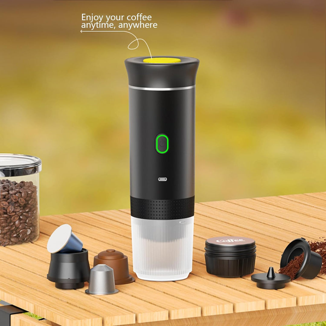 Raverno Reise-Espressomaschine, ideal für Kapseln oder gemahlenen Kaffee, mit Akku für Büro & Outdoor.