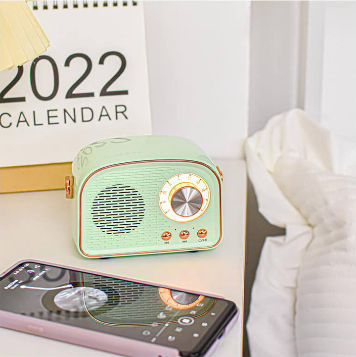 Stilvoller rosa Retro Bluetooth Lautsprecher mit FM-Radio; tragbares Audio-Erlebnis im charmanten Design.