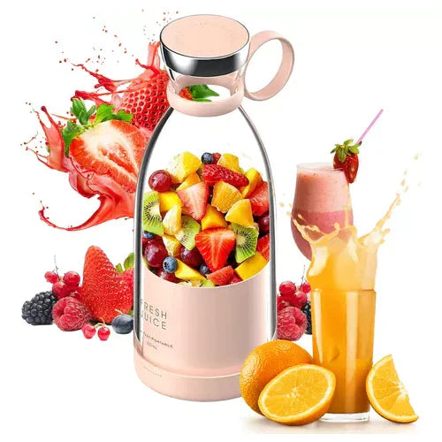 Tragbarer Smoothie-Mixer mit Früchten für frische Drinks unterwegs. Ideal für Sport, Büro und Reisen.