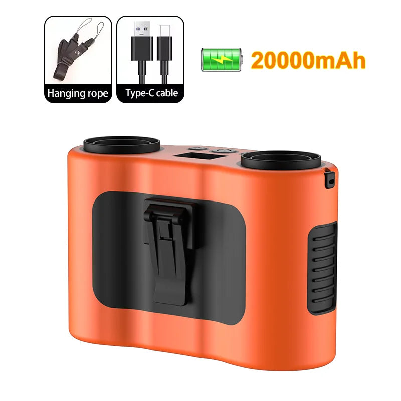 Mobiler Taillenlüfter mit Dual-Luftstrom, ideal für Outdoor, Arbeit & Camping, 20.000 mAh Akku.