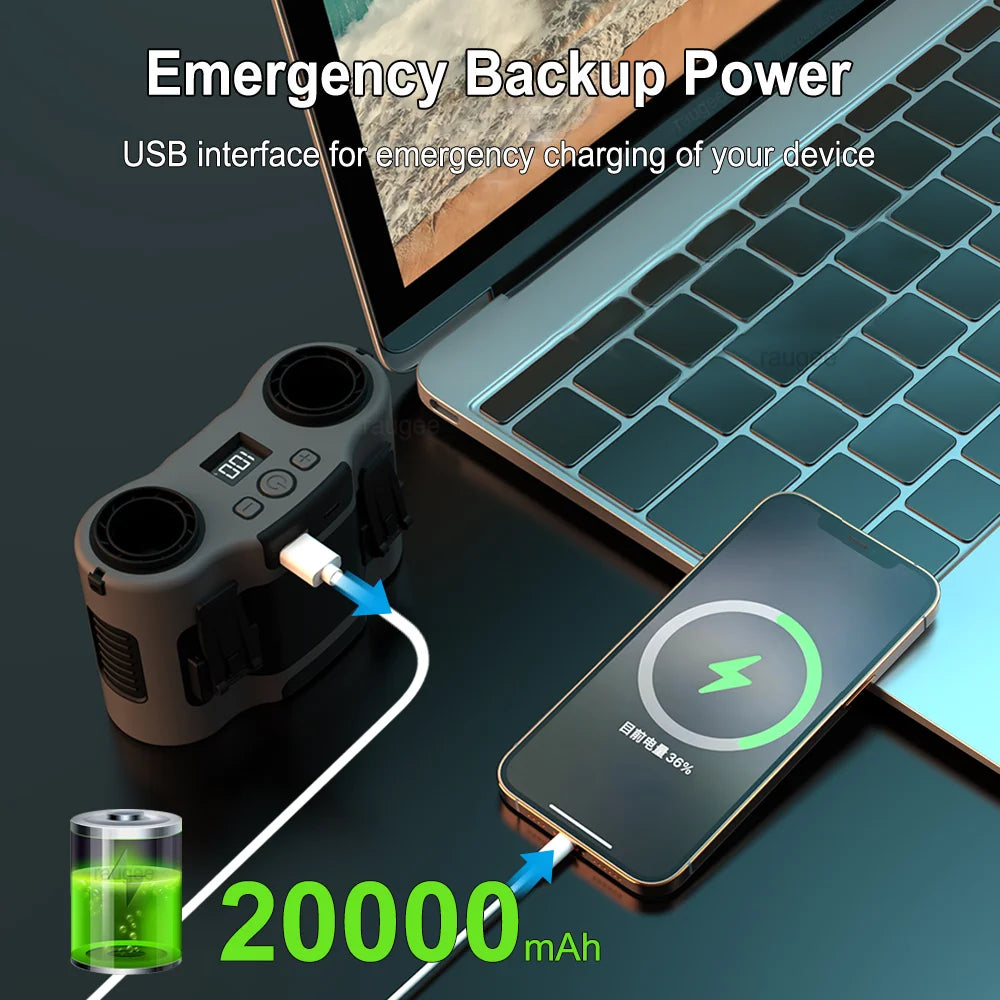 Moderner Taillenclip-Lüfter: Tragbar, mobil, mit Dual-Luftstrom & 20.000 mAh für Sommerhitze.