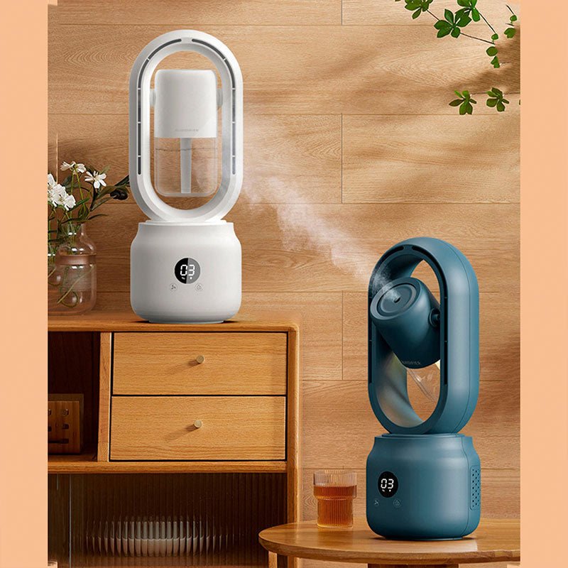 Kompakter tragbarer Ventilator mit Luftbefeuchter ideal für Kühlung im Sommer zuhause und im Büro.