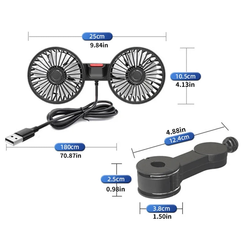 Detailansicht des 360° drehbaren USB Auto Ventilators mit 3 Stufen für individuelle Kühlung unterwegs.