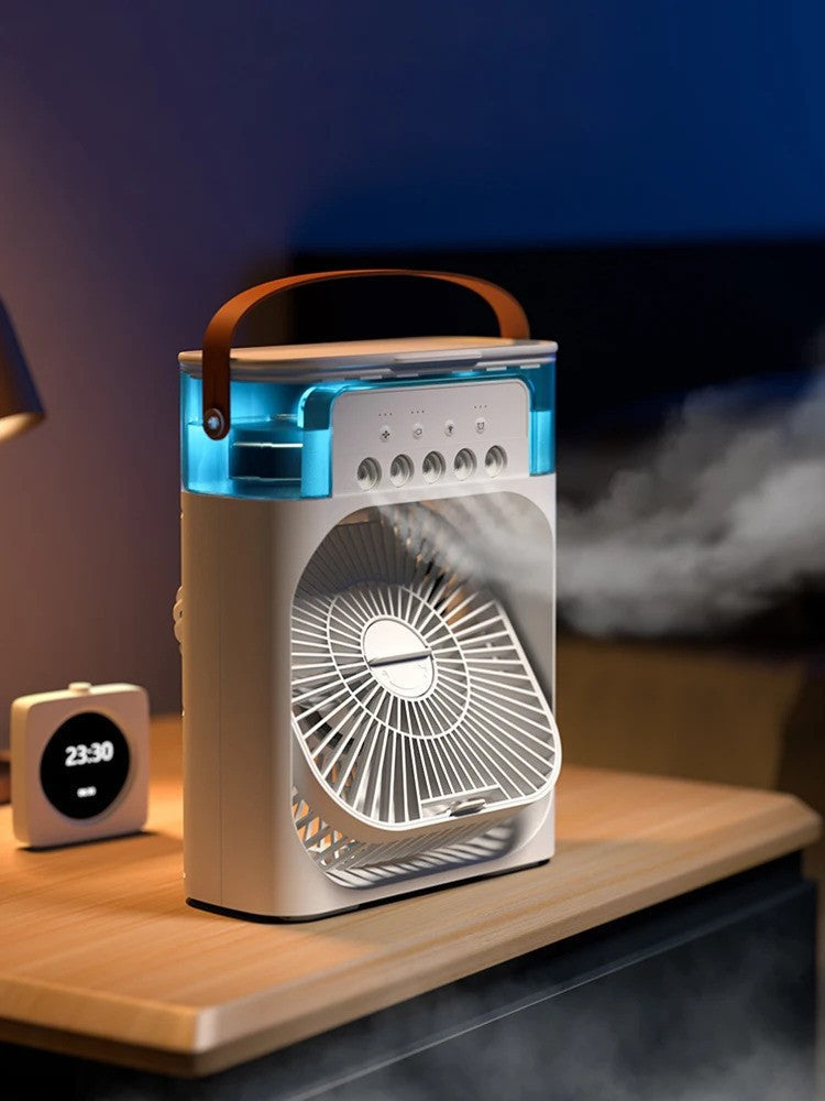 Wiederaufladbarer Luftkühler mit Nebeltechnologie & Aromadiffusor; persönlicher Ventilator für bestes Raumklima.