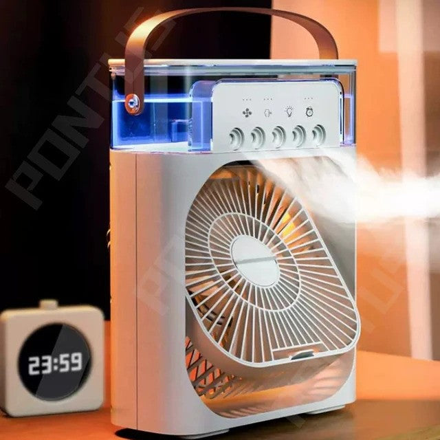 Kompakter, tragbarer Ventilator mit Nebelfunktion; USB-betrieben, perfekt für Camping, Büro & heiße Tage.