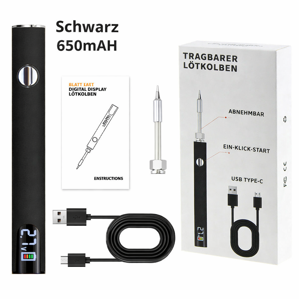 Mobiler USB Lötkolben neben Powerbank. Zeigt Tragbarkeit für unterwegs. Ideal für Elektronik-DIY.
