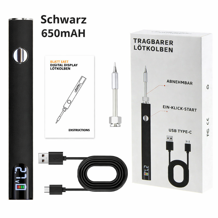 Mobiler USB Lötkolben neben Powerbank. Zeigt Tragbarkeit für unterwegs. Ideal für Elektronik-DIY.