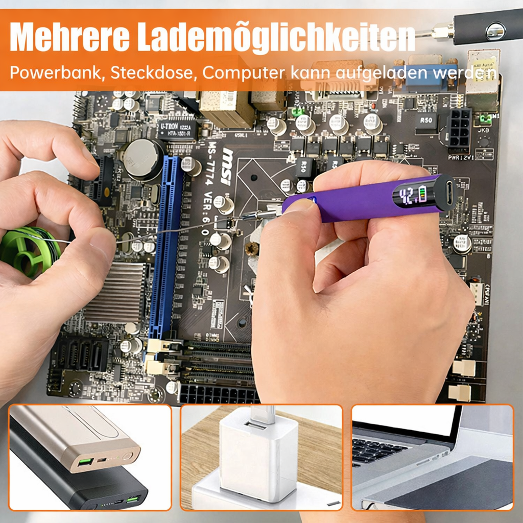 Kompakter USB Lötkolben auf Werkbank. Perfekt für präzise Elektronikarbeiten & DIY-Projekte.