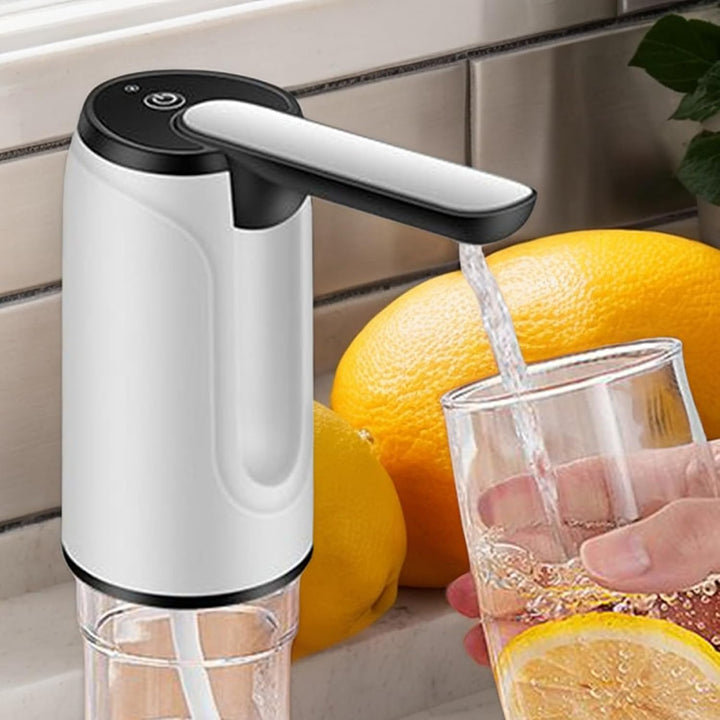 Weißer Hydravo USB-Wasserspender; kompakter Wasserpumpeinsatz für Gallonenflaschen.