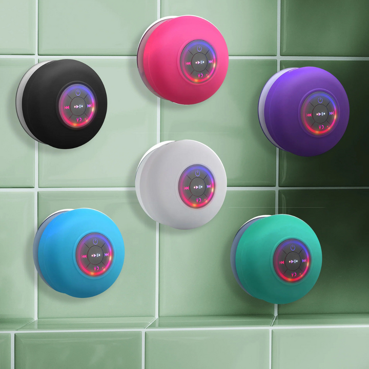 Tragbarer, wasserdichter Bluetooth Lautsprecher mit Saugnapf für kabellose Musik im Bad und unterwegs.