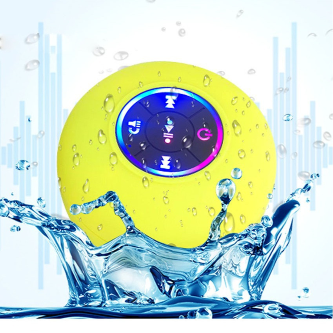 Stylischer wasserdichter Bluetooth Lautsprecher mit Saugnapf in Schwarz für kabellosen Musikgenuss.