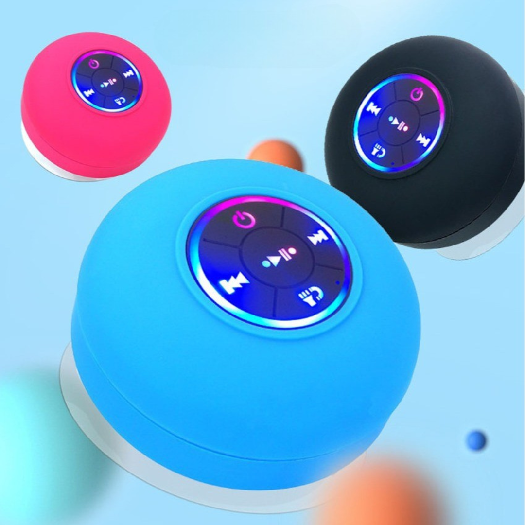 Wasserdichter Bluetooth Duschlautsprecher mit Saugnapf zur einfachen Befestigung im Badezimmer.
