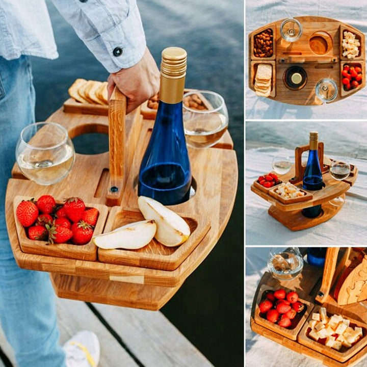 Stabiler tragbarer WineNest Weintisch; sichere Halterung für Weinflaschen & Gläser beim Picknick.
