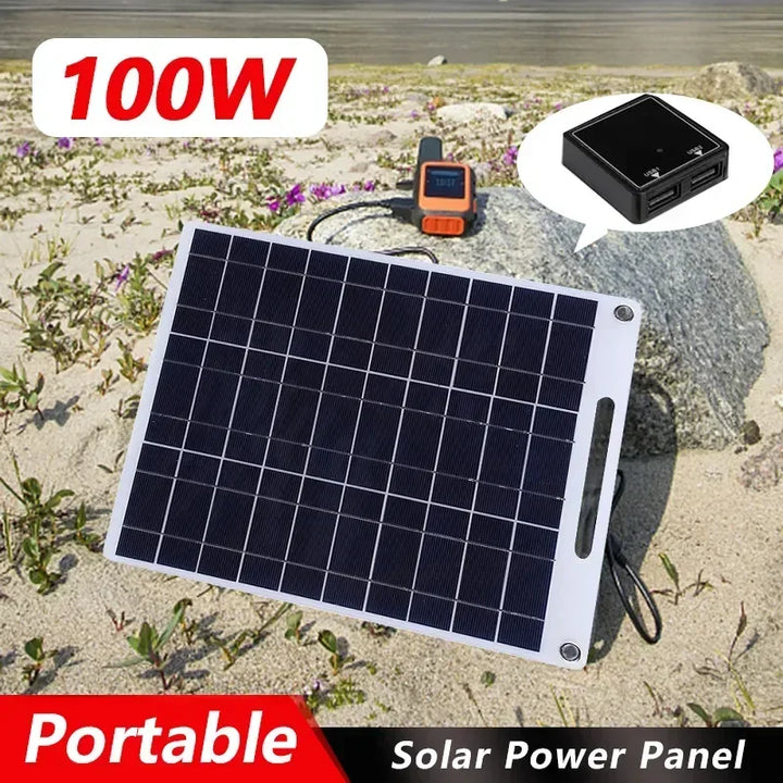 Wasserdichtes 100W Solarpanel für Outdoor-Einsatz, perfekt als mobiles Ladegerät beim Camping & Wandern.