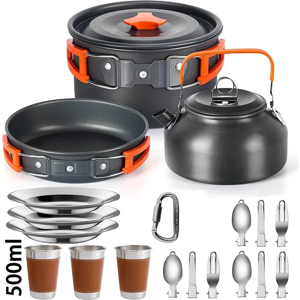 Tragbares CampEase Outdoor Kochset aus robustem Aluminium für Camping, Wandern & Picknicks.
