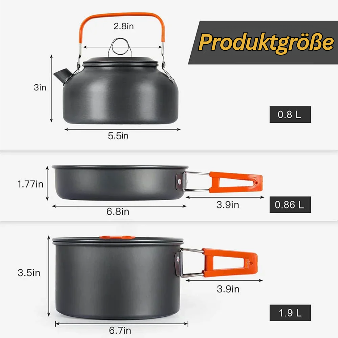 Ergonomisches CampEase Camping Kochset: platzsparend, leicht zu reinigen & stapelbar für den Transport.