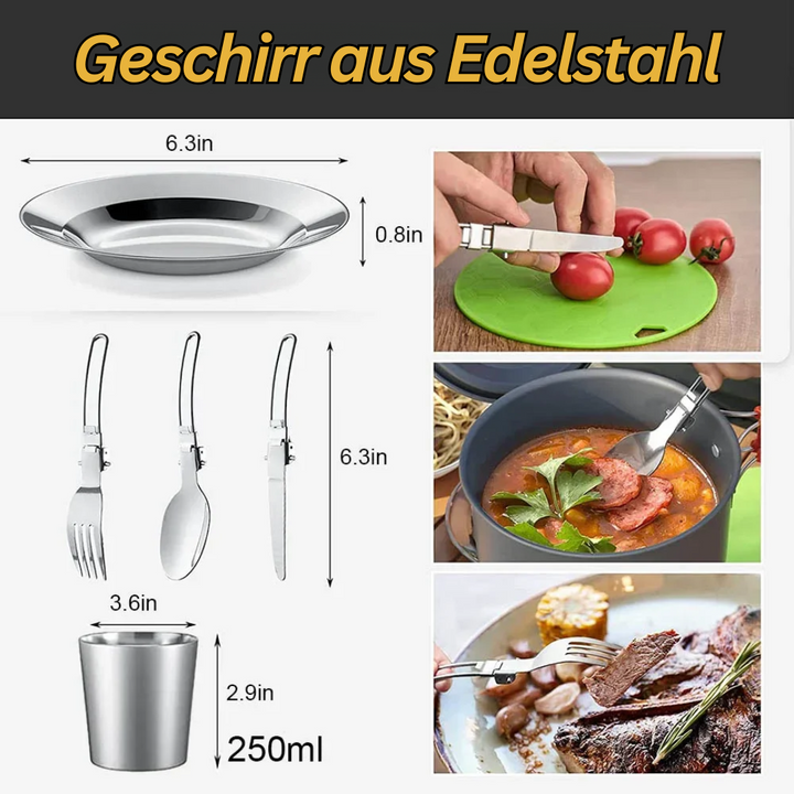 CampEase Outdoor Kochset in malerischer Natur, bereit für ein leckeres Essen beim Wandern am Lagerfeuer.