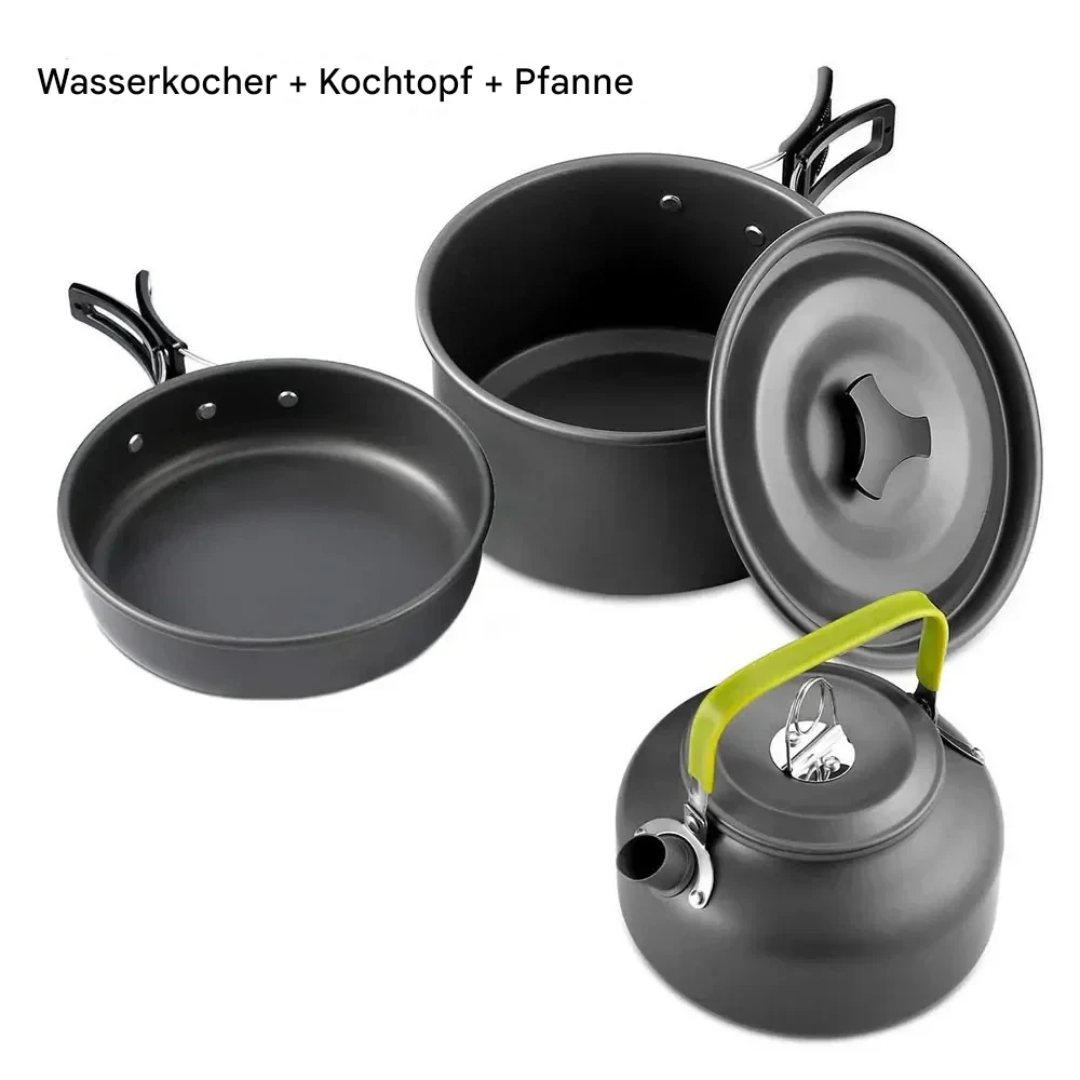 Nahaufnahme: Robuster Griff & Antihaftbeschichtung des hochwertigen CampEase Outdoor Kochsets.