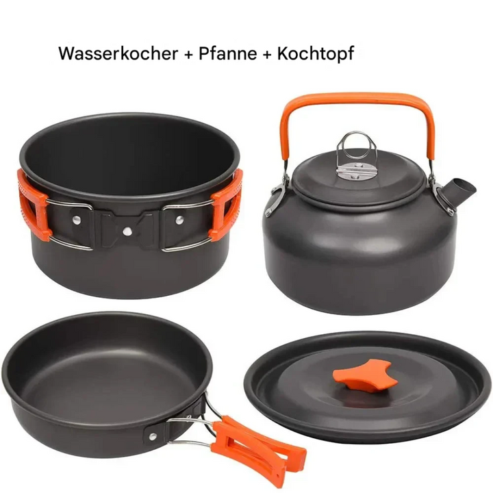 Multifunktionales CampEase Outdoor-Geschirrset aus Leicht-Aluminium für Camping- & Picknickküche.
