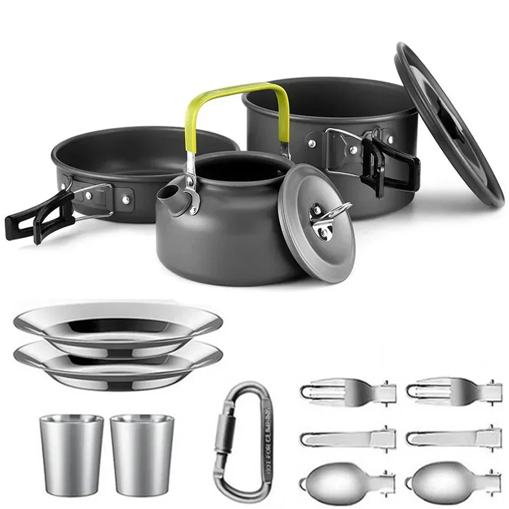 Kompaktes CampEase Camping Kochset mit Topf, Pfanne & Geschirr für 2 Personen, ideal für Outdoor-Küche.