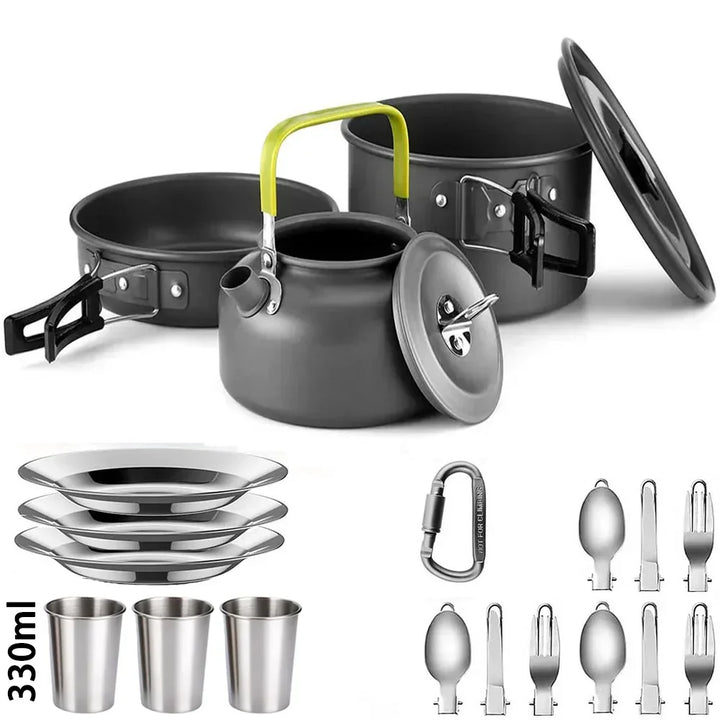 CampEase Outdoor Kochset: leichtes Aluminiumgeschirr, antihaftbeschichtet, perfekt für Rucksackreisen & Zelten.