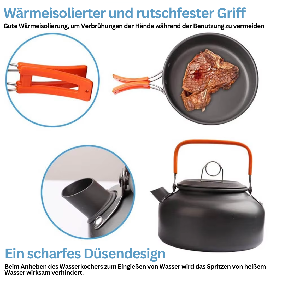Das vollständige CampEase Outdoor Kochset mit Töpfen, Pfanne, Tellern, Besteck für 2-3 Personen.