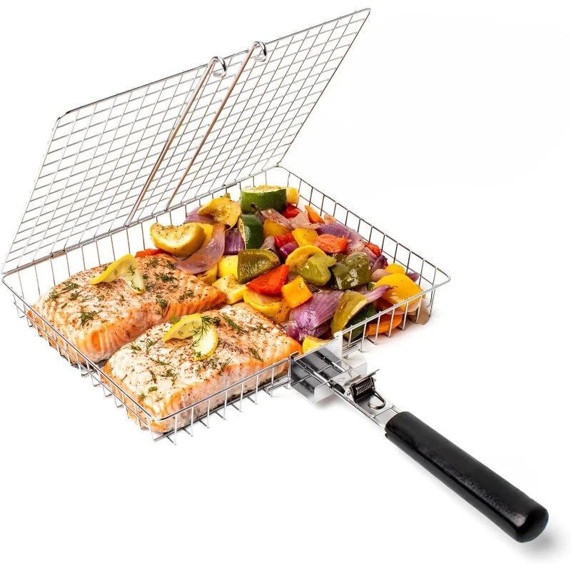 Tragbares Edelstahl Grillgitter mit Griff für Fisch & Gemüse. Robustes BBQ Zubehör für Camping & Outdoor.
