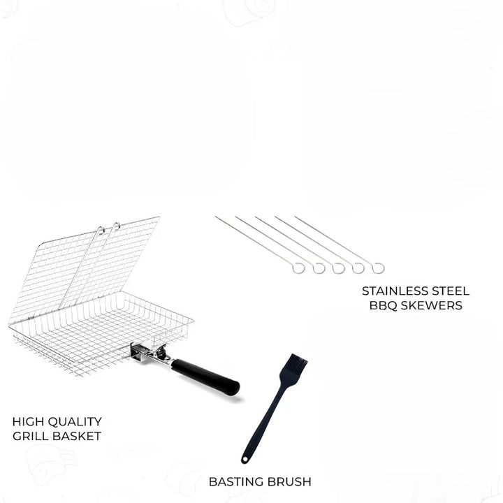 Vielseitiges tragbares Grillgitter aus Edelstahl mit Griff. Perfekt als Fischgrill, Gemüserost & BBQ Zubehör.