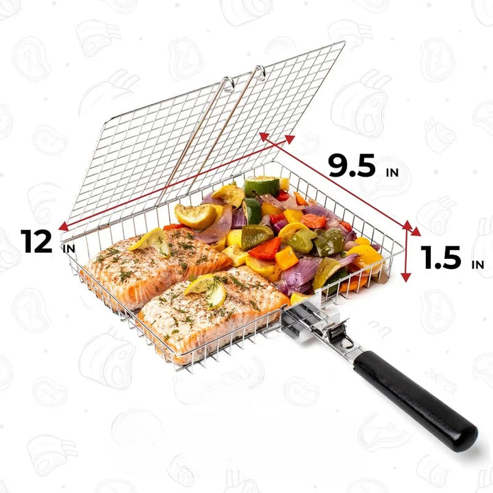Kompaktes Edelstahl Grillgitter für Fisch, Gemüse & Garnelen. Praktisches BBQ Zubehör mit Griff für Outdoor Kochen.