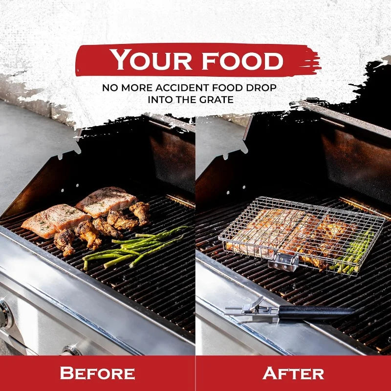 Langlebiges Edelstahl Grillrost mit Griff. Ideal als tragbares Grillgitter für Camping, Outdoor & BBQ Zubehör.