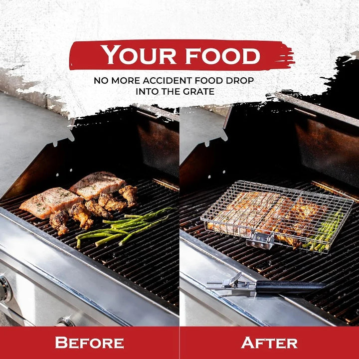 Langlebiges Edelstahl Grillrost mit Griff. Ideal als tragbares Grillgitter für Camping, Outdoor & BBQ Zubehör.