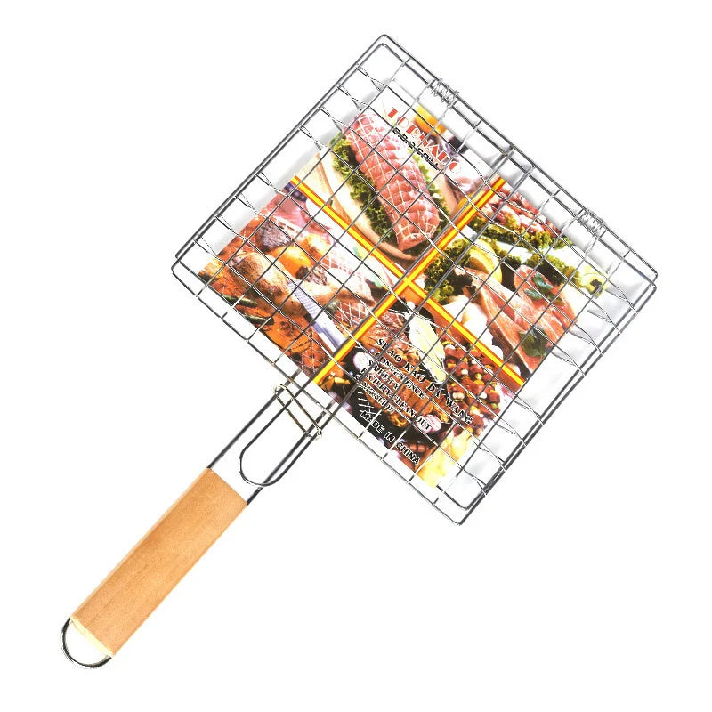 Tragbares Edelstahl Grillgitter mit Griff. Optimales BBQ Zubehör für Fisch, Gemüse & Garnelen. Ideal für Camping.