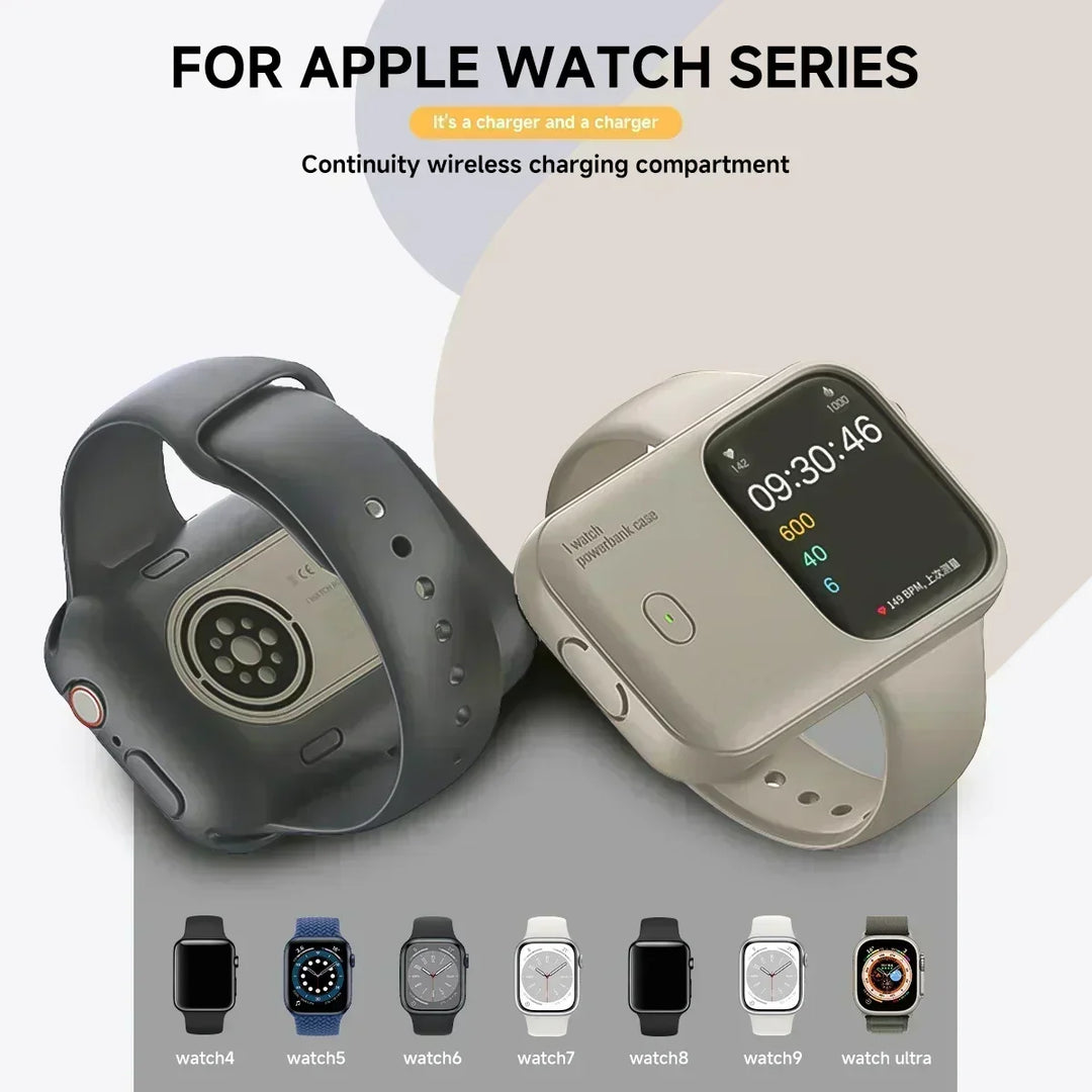 Set aus zwei WatchCharge Smartwatch Ladegeräten. Tragbare, kabellose induktive Powerbanks für Apple Watch.