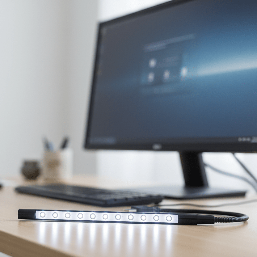 Tragbares LED-Tastaturlicht, schwarz, für konzentriertes Arbeiten im Homeoffice bei Nacht.