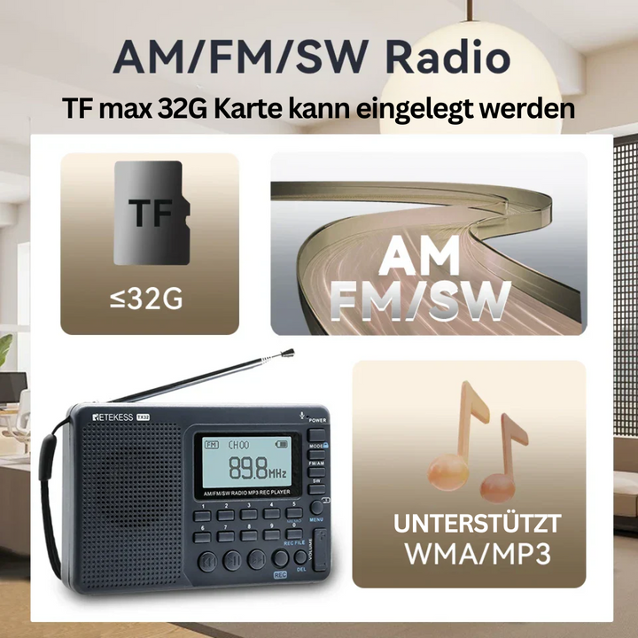 Digitales Multiband-Radio mit FM, AM, Kurzwelle und einfacher USB-C Aufladung; ideal für vielseitigen Empfang.