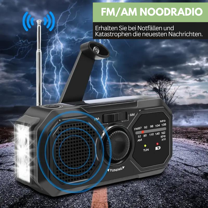 Multifunktionales Notfallradio SurvivalWave, tragbar für Krisenvorsorge. Kurbel-/Solarbetrieben, AM/FM, Licht.