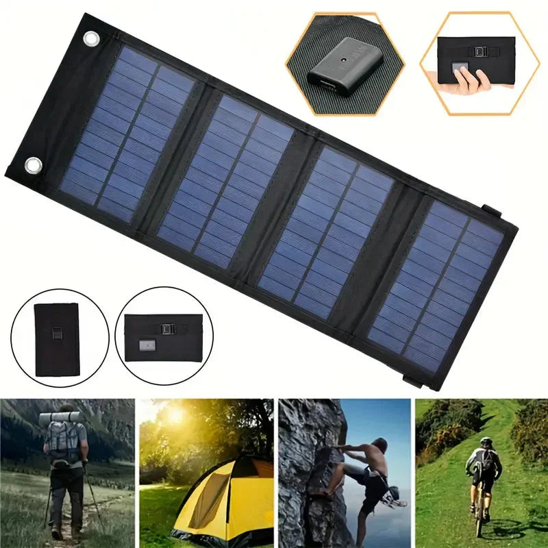 Faltbares Solar-Ladegerät für zuverlässige Energie beim Camping, Wandern & Outdoor-Reisen, USB-kompatibel.