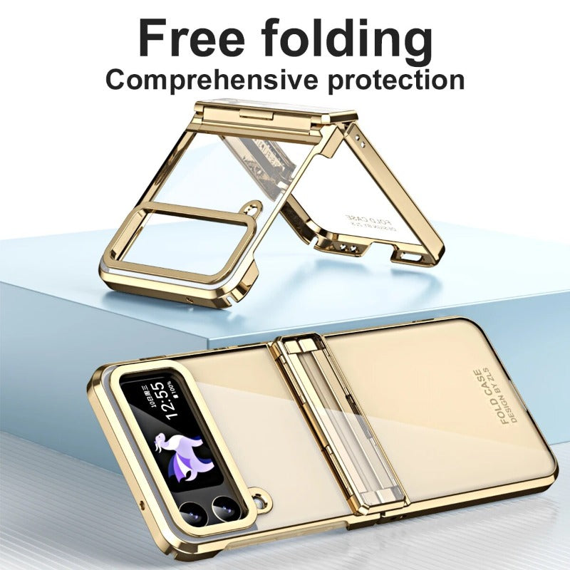 Transparente Galvanik Handyhülle für Z Flip 5/4. Scharnierschutz, kratzfest, staubdicht & eleganter Vollschutz fürs Smartphone.