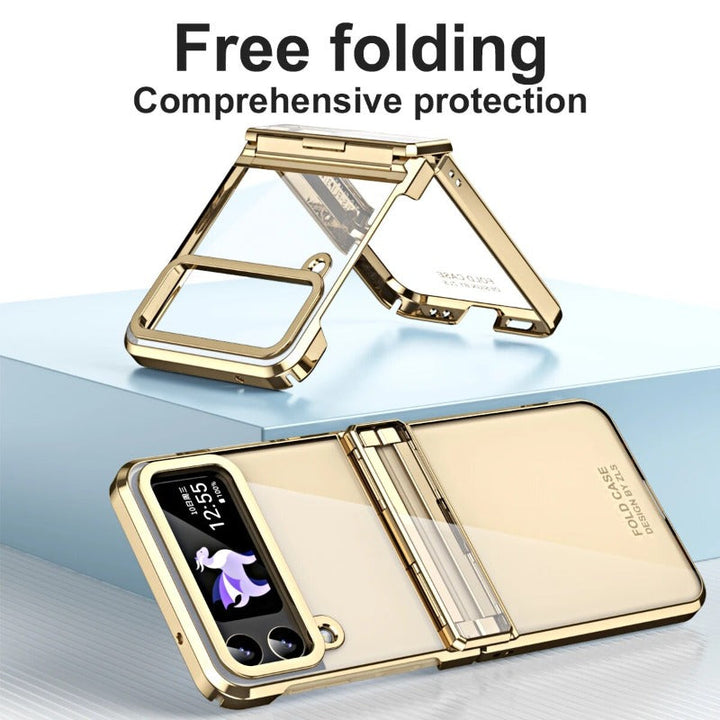 Transparente Galvanik Handyhülle für Z Flip 5/4. Scharnierschutz, kratzfest, staubdicht & eleganter Vollschutz fürs Smartphone.