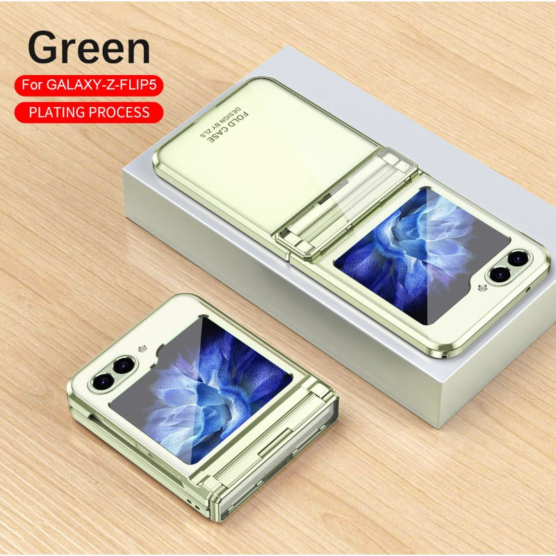 Vollschutz Handyhülle für Galaxy Z Flip. Transparent, galvanisch, mit speziellem Scharnierschutz. Kratzfest & rutschfest.