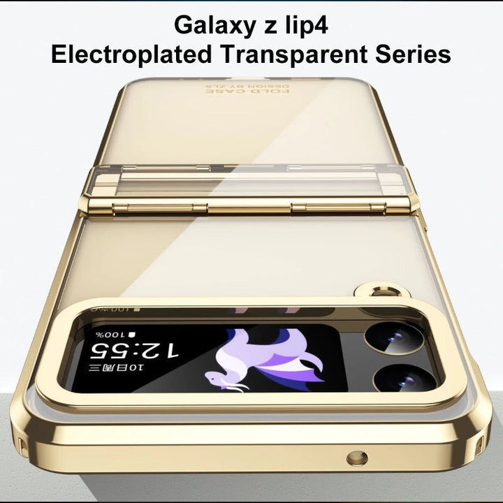 Klare Schutzhülle für Galaxy Z Flip Modelle. Galvanisch veredelt, mit Scharnierschutz & umfassendem Kratzschutz für das Handy.